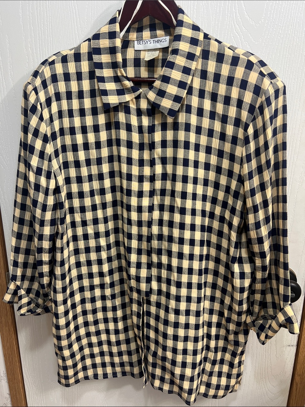 Betsy's Things Women's Black and Cream Check Button-Up Blouse